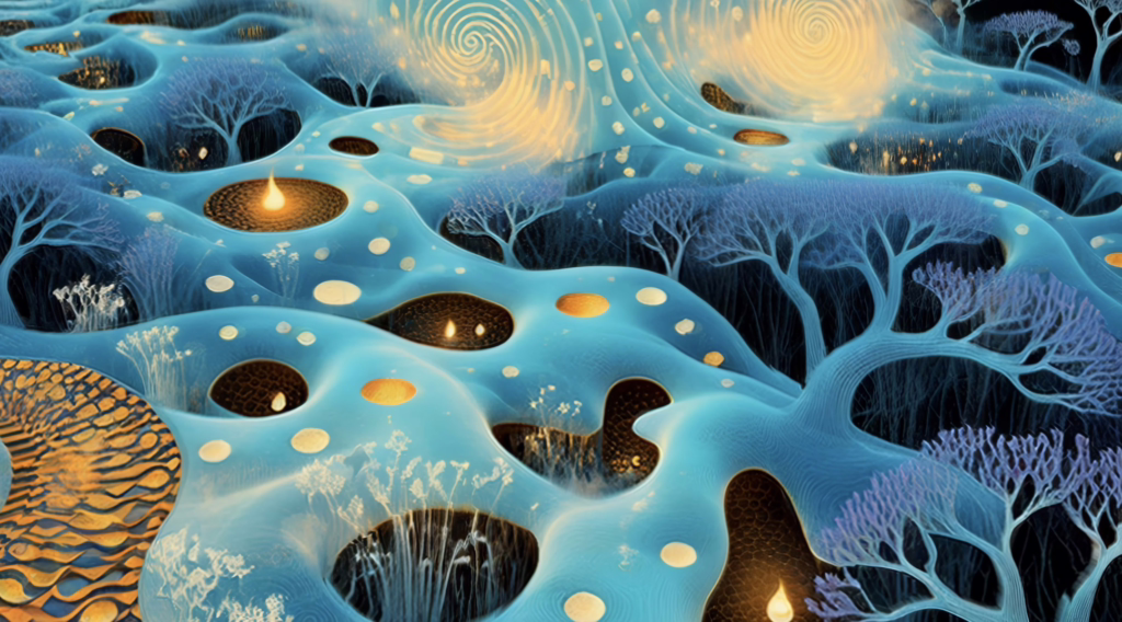 trippy visuals for shrooms with glowing golden glyphs flowing across a surreal dreamscape
